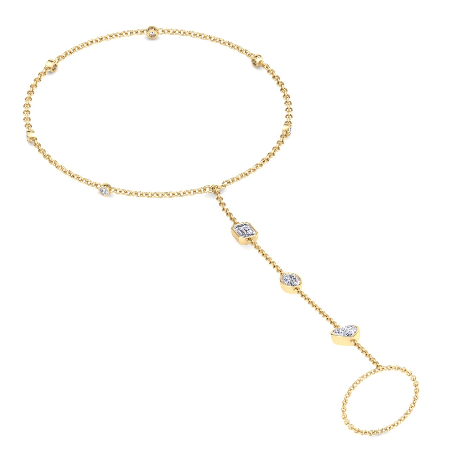 Bezel Set Natural Diamond Hand Ring Chain Yellow Gold