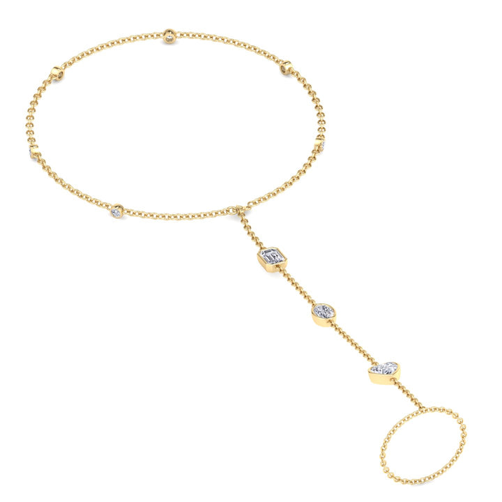 Bezel Set Natural Diamond Hand Ring Chain Yellow Gold