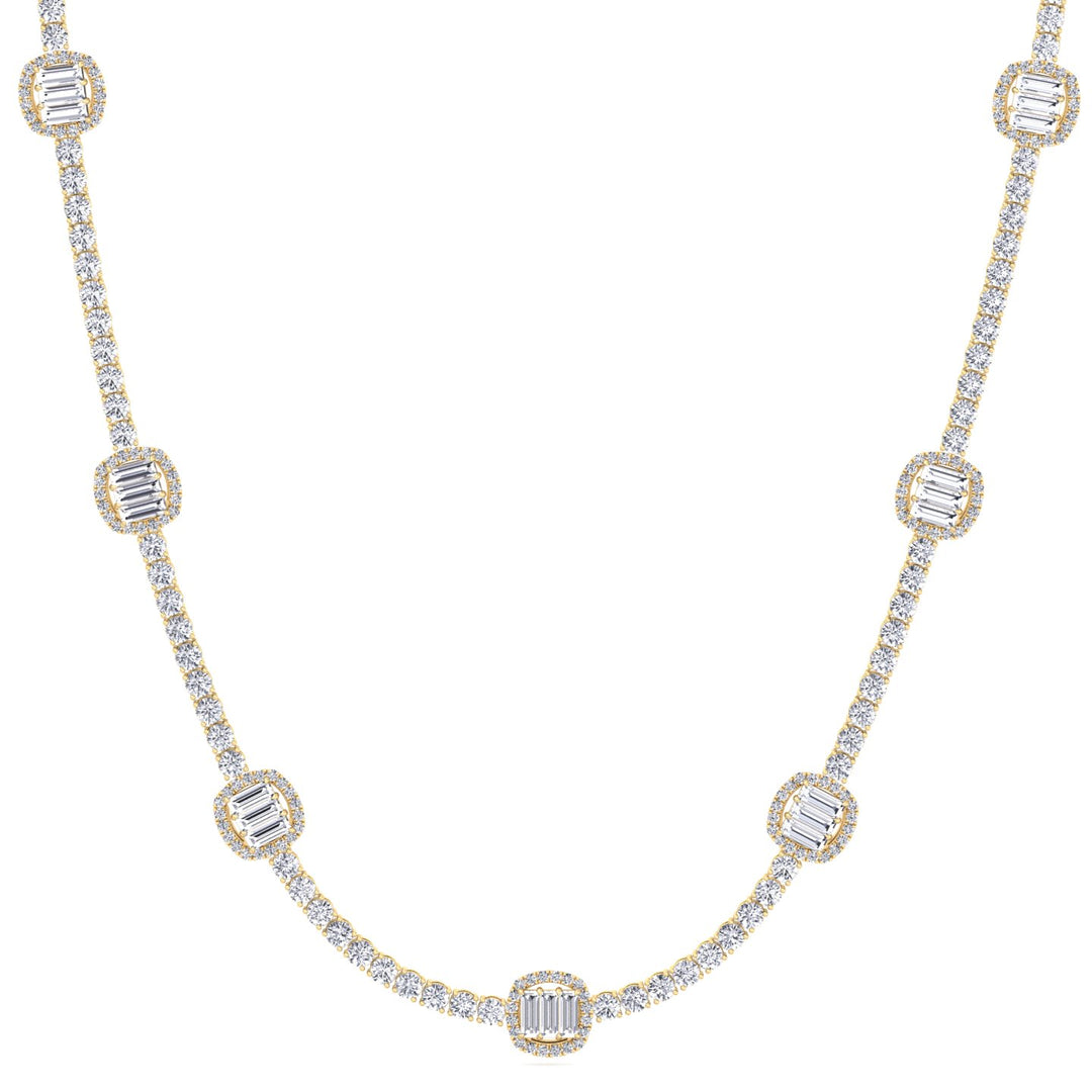 Emerald Shape Halo Station Natural Diamond Tennis Necklace in 14K Solid Gold Yellow Gold 18K