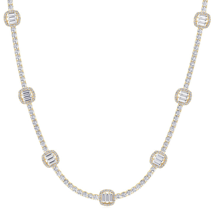 Emerald Shape Halo Station Natural Diamond Tennis Necklace in 14K Solid Gold Yellow Gold 18K