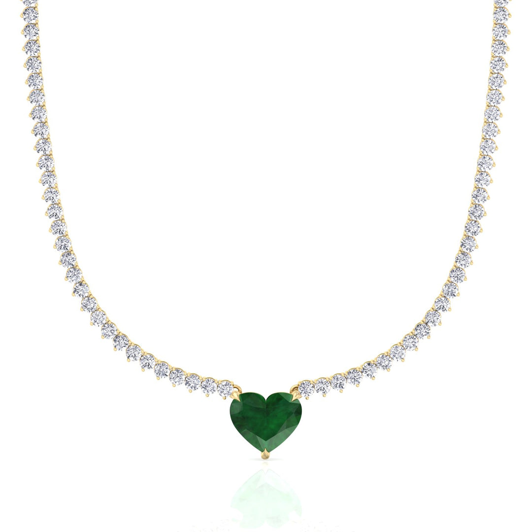  3-Prong Tennis Necklace with Green Emerald Heart Shape Pendant YG
