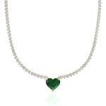  3-Prong Tennis Necklace with Green Emerald Heart Shape Pendant YG