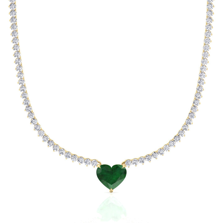  3-Prong Tennis Necklace with Green Emerald Heart Shape Pendant YG