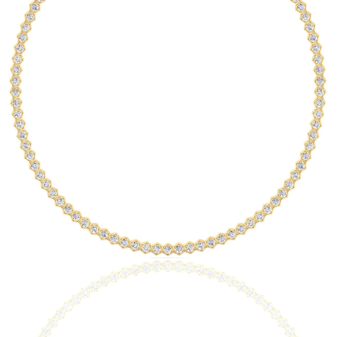 Hexagonal Bezel Set Natural Diamond Tennis Necklace Yellow Gold, 10.5ct