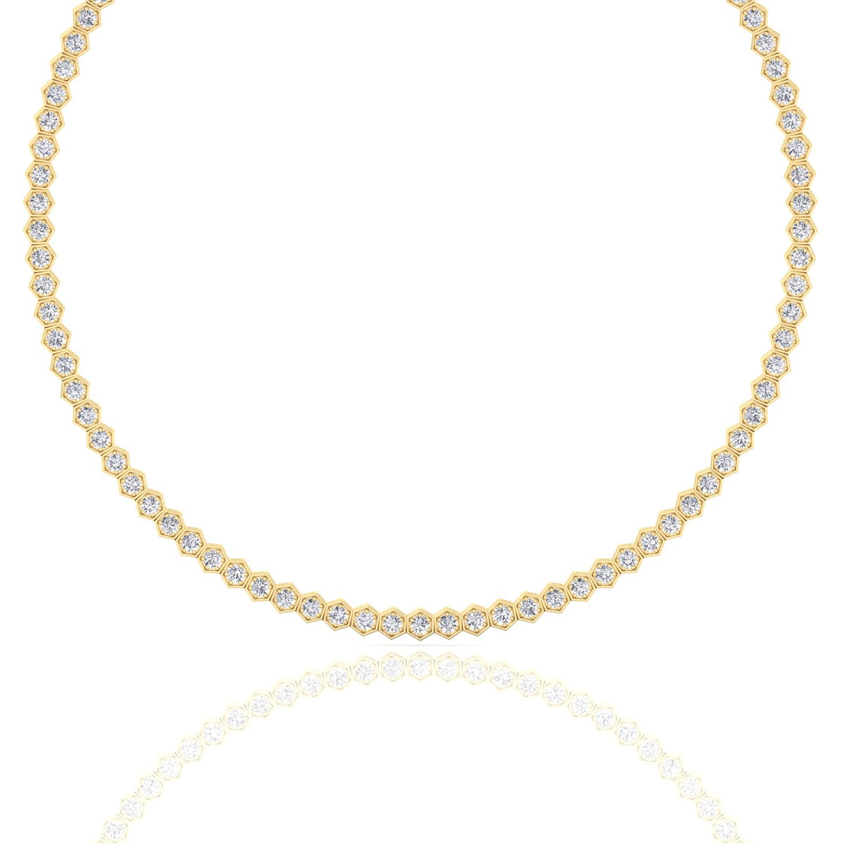 Hexagonal Bezel Set Natural Diamond Tennis Necklace Yellow Gold, 10.5ct