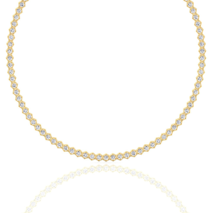 Hexagonal Bezel Set Natural Diamond Tennis Necklace Yellow Gold, 10.5ct