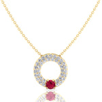 Round Shape Natural Diamond & Red Ruby Open Circle Pendant-14K-18K-Yellow Gold