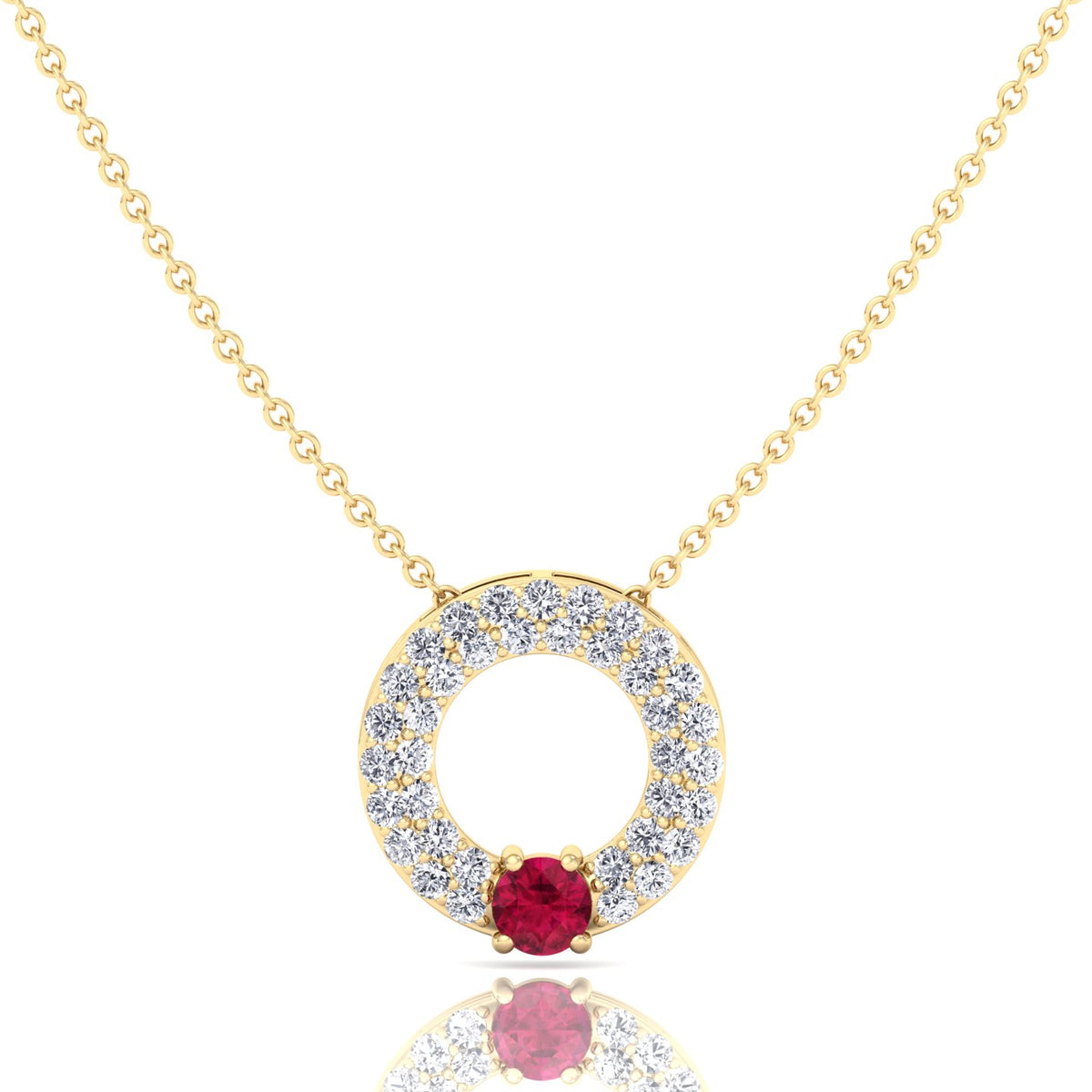 Round Shape Natural Diamond & Red Ruby Open Circle Pendant-14K-18K-Yellow Gold