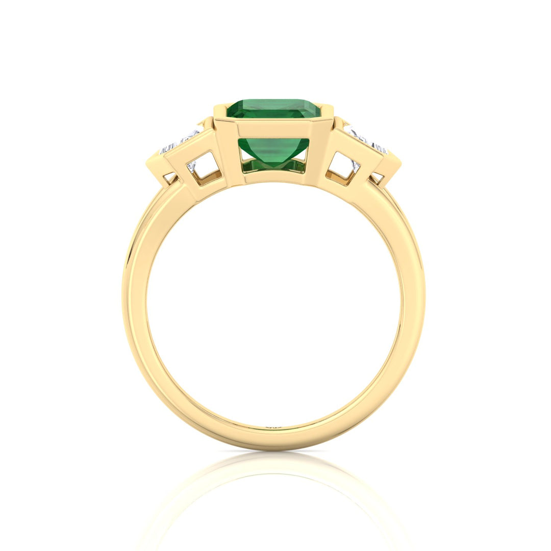 Bezel Set Natural Emerald Shape Green Emerald with Half Moon Diamond Sidestones Engagement Ring Yellow Gold