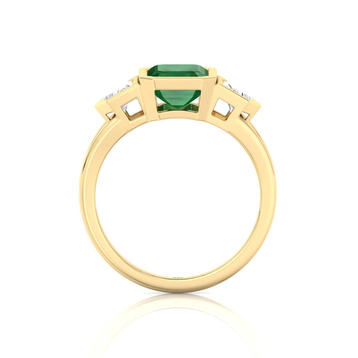 Bezel Set Natural Emerald Shape Green Emerald with Half Moon Diamond Sidestones Engagement Ring Yellow Gold