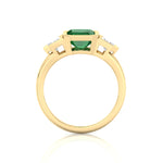 Bezel Set Natural Emerald Shape Green Emerald with Half Moon Diamond Sidestones Engagement Ring Yellow Gold