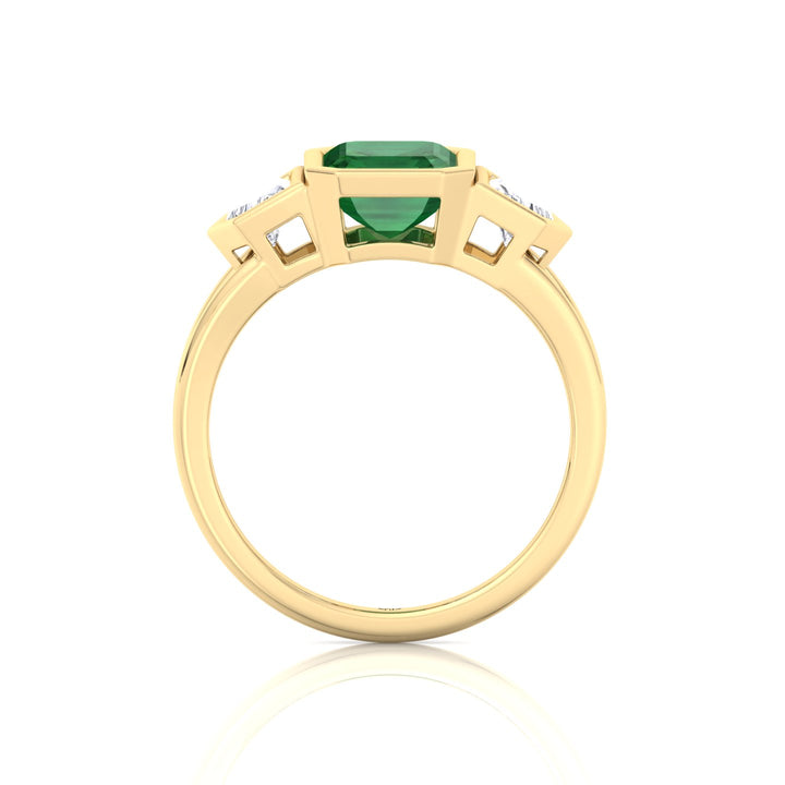 Bezel Set Natural Emerald Shape Green Emerald with Half Moon Diamond Sidestones Engagement Ring Yellow Gold