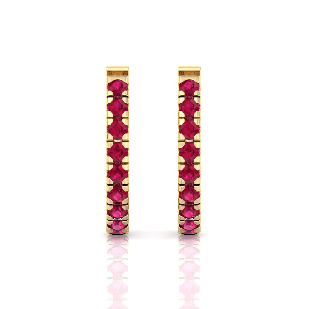 Natural Red Ruby Round Shape Huggie Hoop Earring Yellow Gold 18K