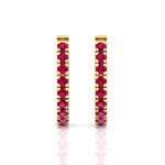 Natural Red Ruby Round Shape Huggie Hoop Earring Yellow Gold 18K