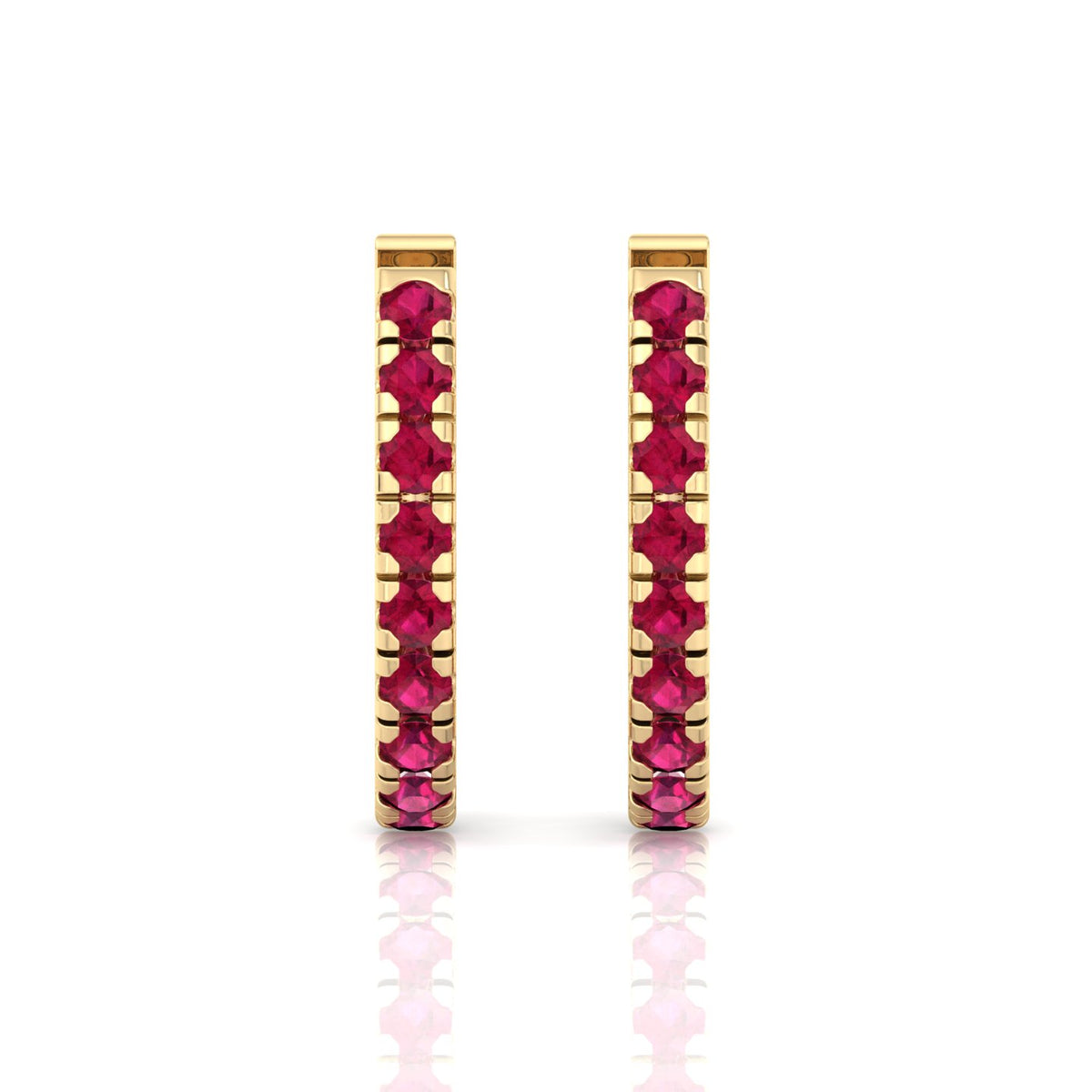 Natural Red Ruby Round Shape Huggie Hoop Earring Yellow Gold 18K