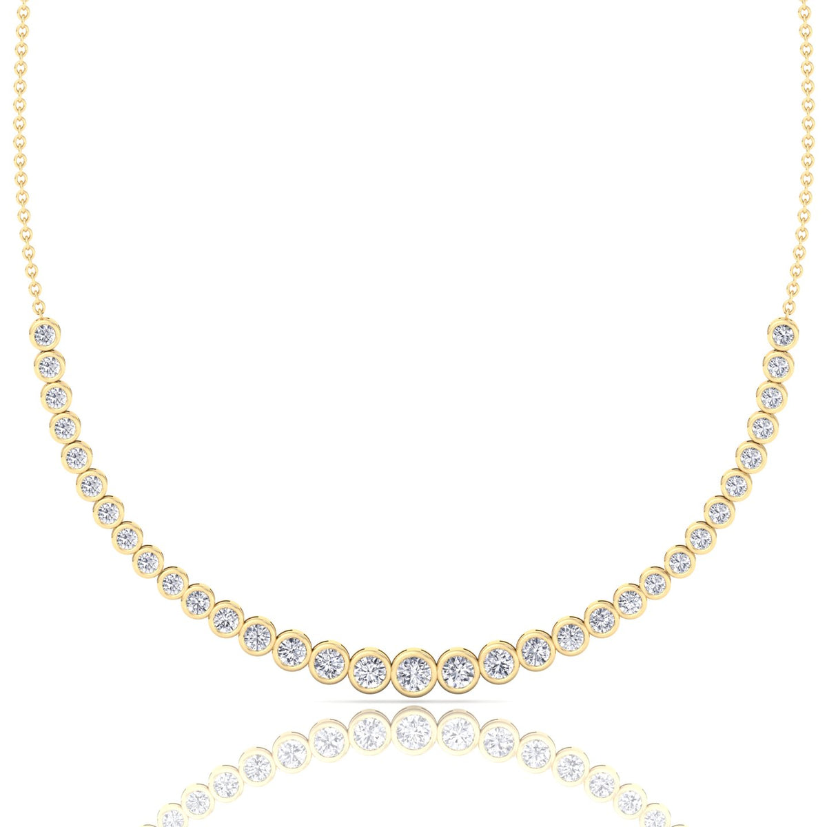 Halfway Graduated Bezel Set Natural Diamond Tennis Necklace Yellow Gold 18K