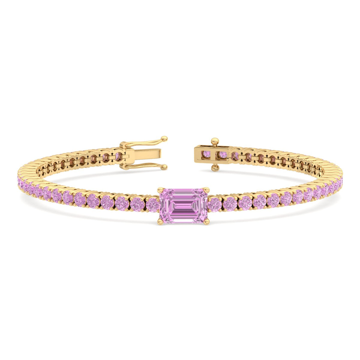 Pierra - Single Stone Emerald Shape Natural Pink Sapphire Tennis Bracelet - Gem Jewelers Co