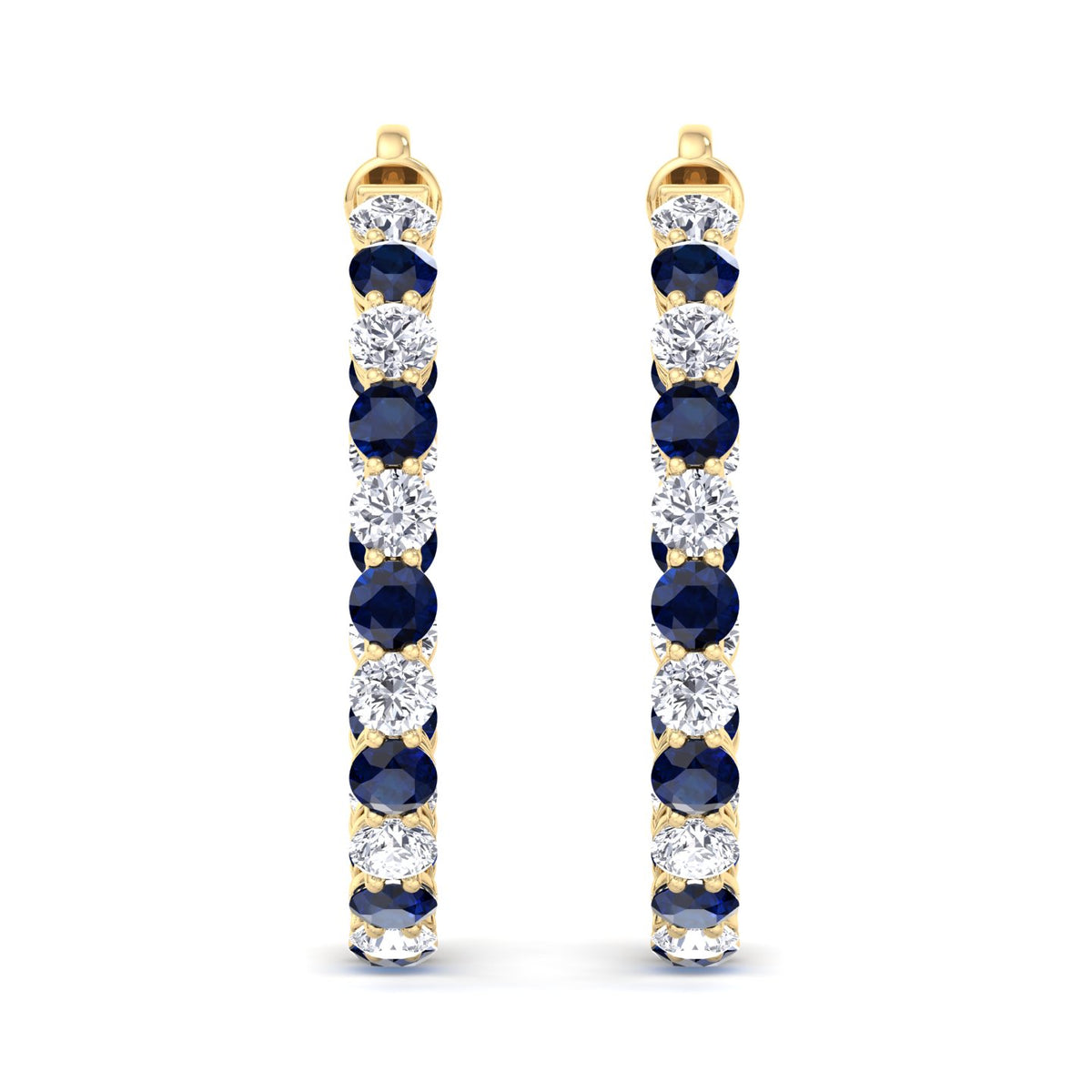 Alternating Natural Blue Sapphire and Diamond Inside Out Hoop Earrings Yellow Gold 14K