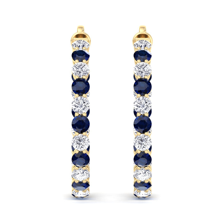 Alternating Natural Blue Sapphire and Diamond Inside Out Hoop Earrings Yellow Gold 14K