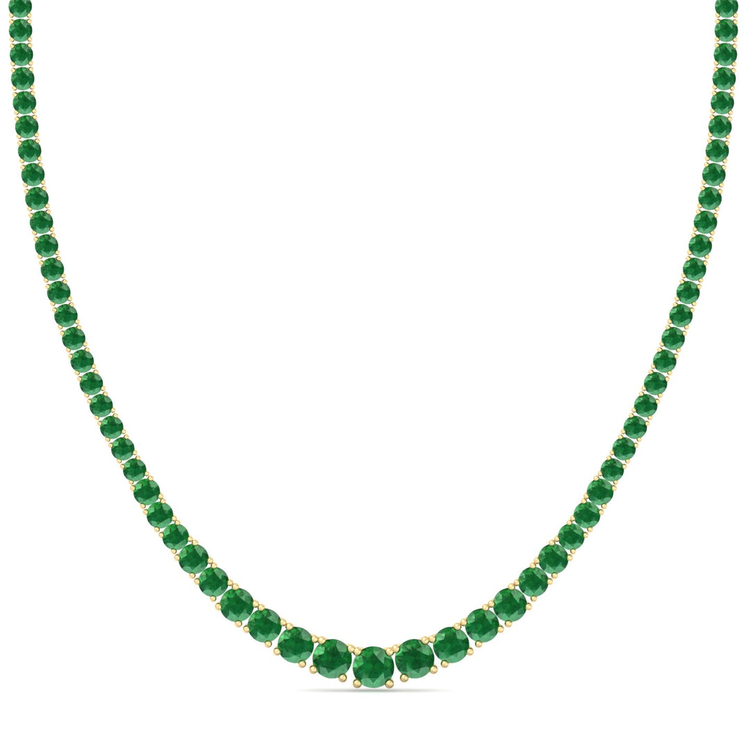 4 Prong Graduated Natural Green Emerald Tennis Necklace Yellow Gold 18K