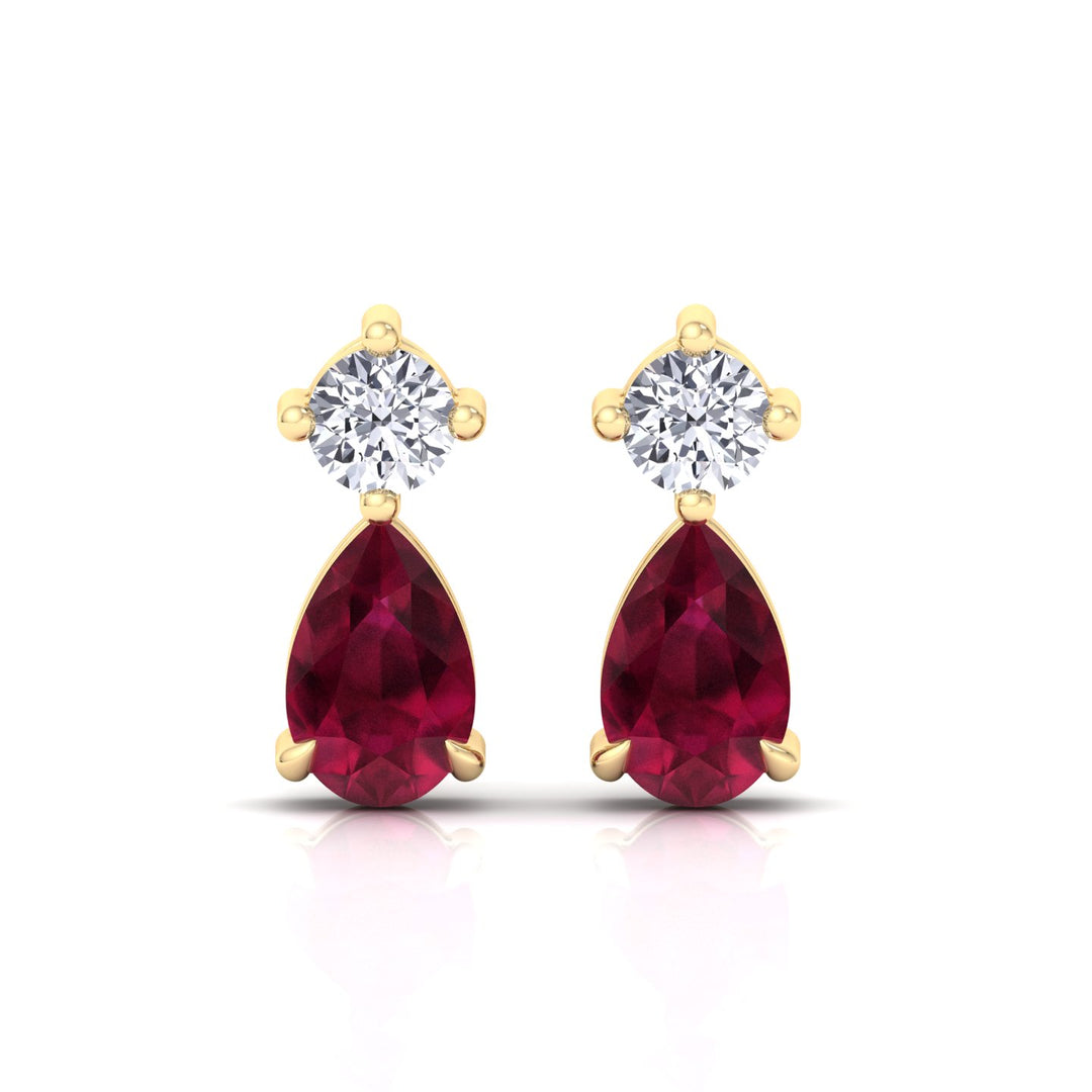 Natural Round Shape Diamond & Pear Shape Red Ruby Drop Earrings