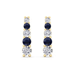 Graduated Natural Diamond and Blue Sapphire Climber Earrings-3CT-18K-Yellow Gold