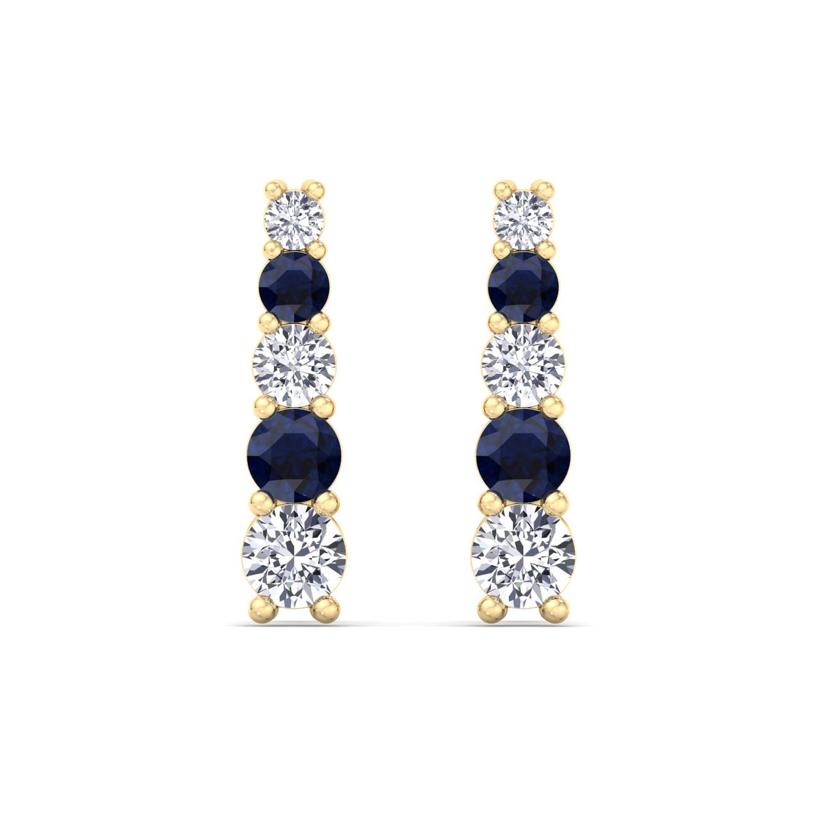 Graduated Natural Diamond and Blue Sapphire Climber Earrings-3CT-18K-Yellow Gold