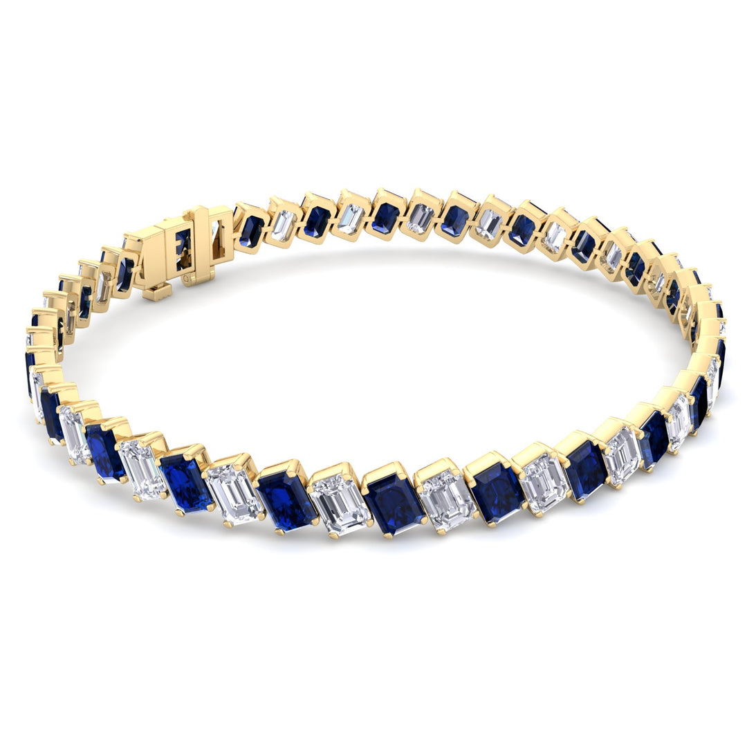 Alternating Emerald Shape Natural Blue Sapphire & Natural Diamond Diagonal Tennis Bracelet 14K Solid Gold