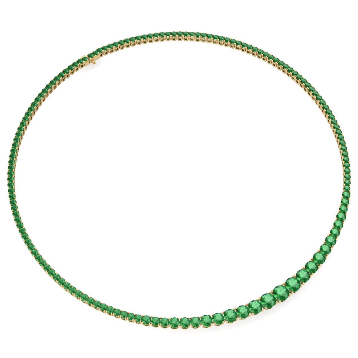 4 Prong Graduated Natural Green Emerald Tennis Necklace Yellow Gold 14K