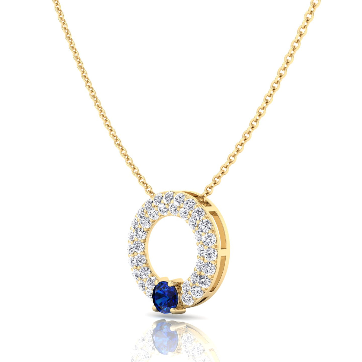 Round Shape Natural Diamond & Blue Sapphire Open Circle Pendant-14K-18K-Yellow Gold