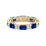 Alternating Natural Emerald Shape Blue Sapphire and Round Shape Diamond Eternity Band Yellow Gold 14K