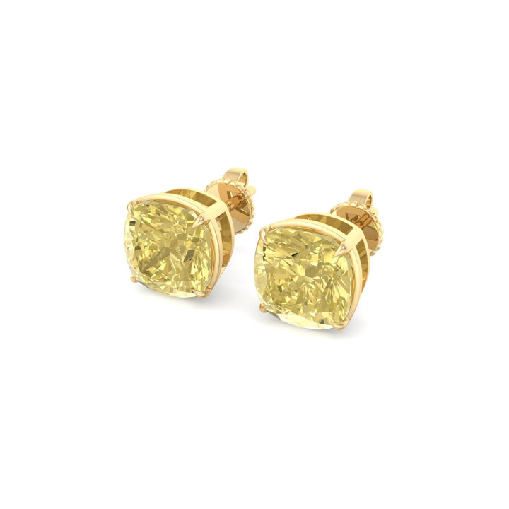 Natural Fancy Yellow Cushion Cut Diamond Studs Yellow Gold 14K 