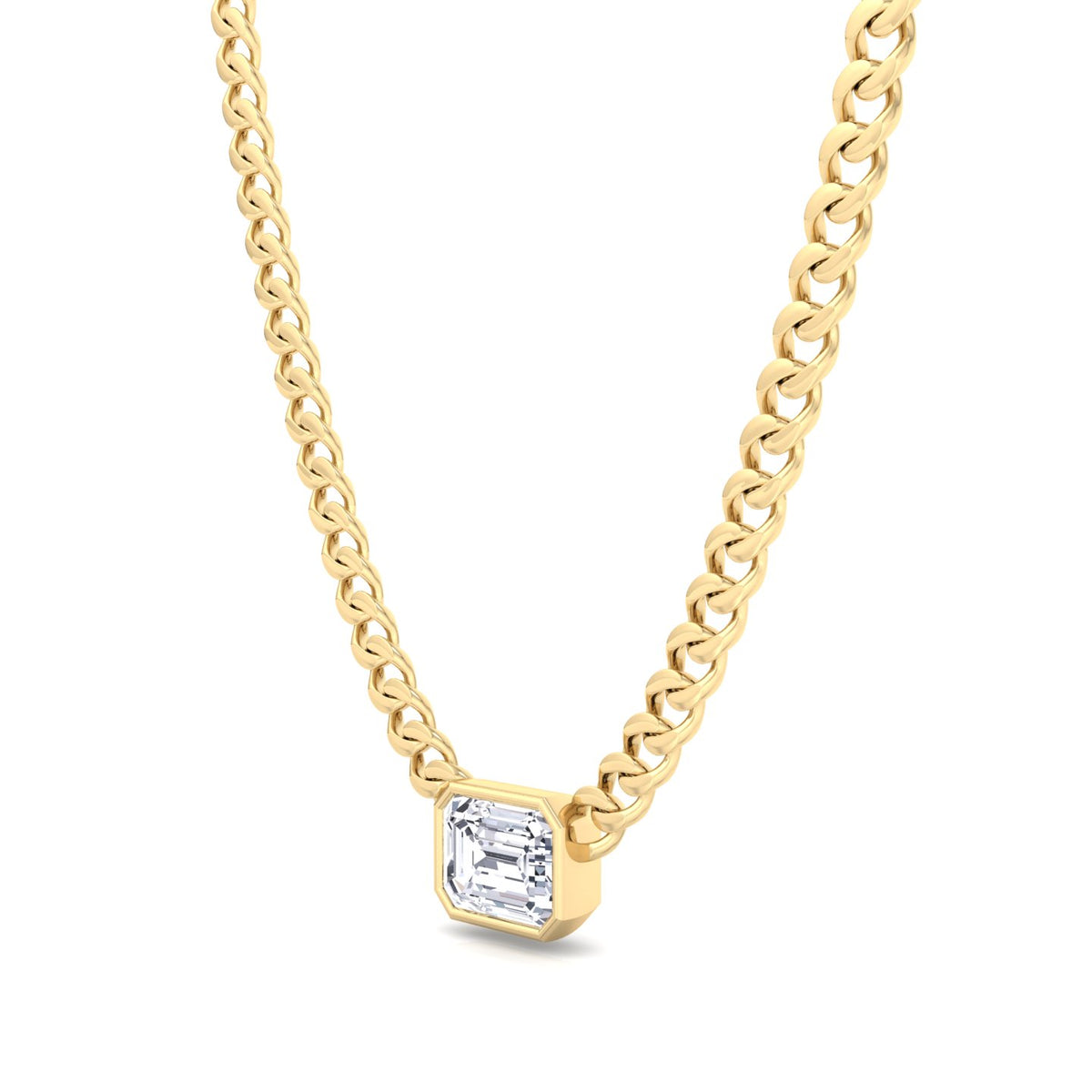 Bezel Set Emerald Cut Natural Diamond Cuban Chain Necklace Yellow Gold 14K