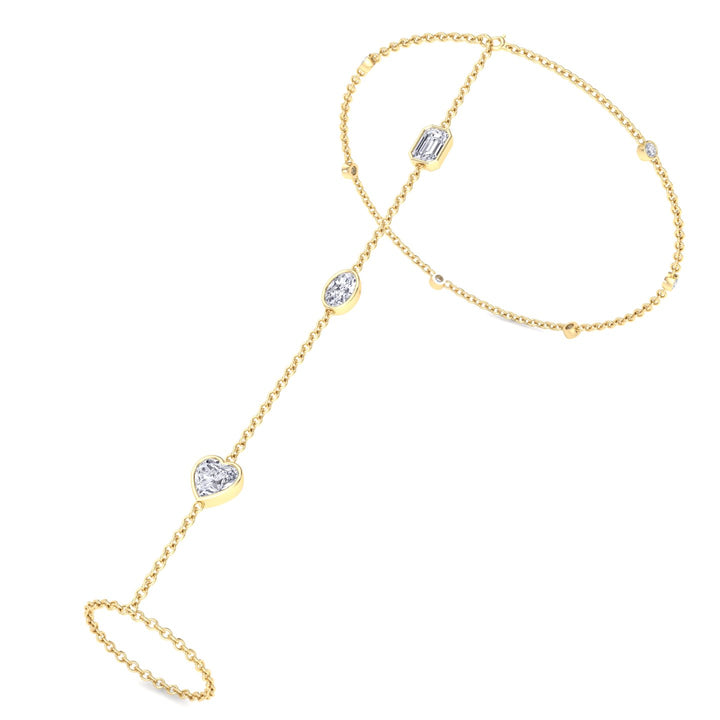 Bezel Set Natural Diamond Hand Ring Chain Yellow Gold 14K