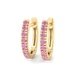 Natural Pink Sapphire Round Shape Huggie Hoop Earrings Yellow Gold 14K