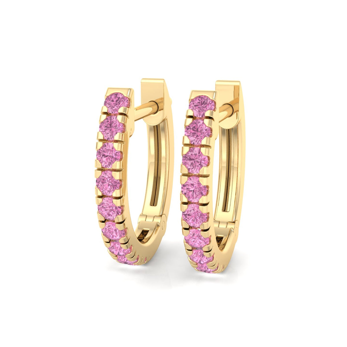 Natural Pink Sapphire Round Shape Huggie Hoop Earrings Yellow Gold 14K