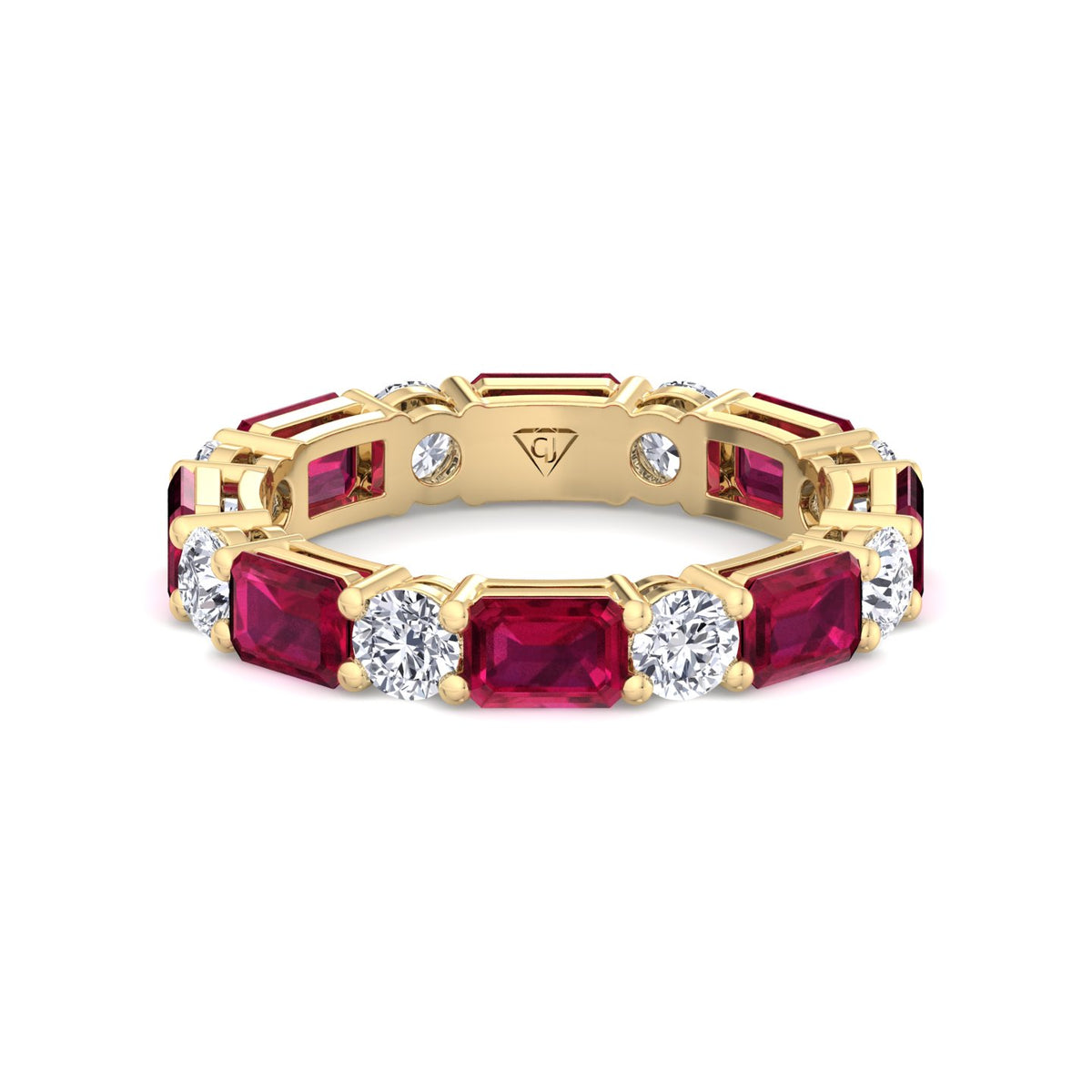 Alternating Natural Emerald Shape Red Ruby and Round Shape Diamond Eternity Band Yellow Gold 14K