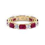 Alternating Natural Emerald Shape Red Ruby and Round Shape Diamond Eternity Band Yellow Gold 14K