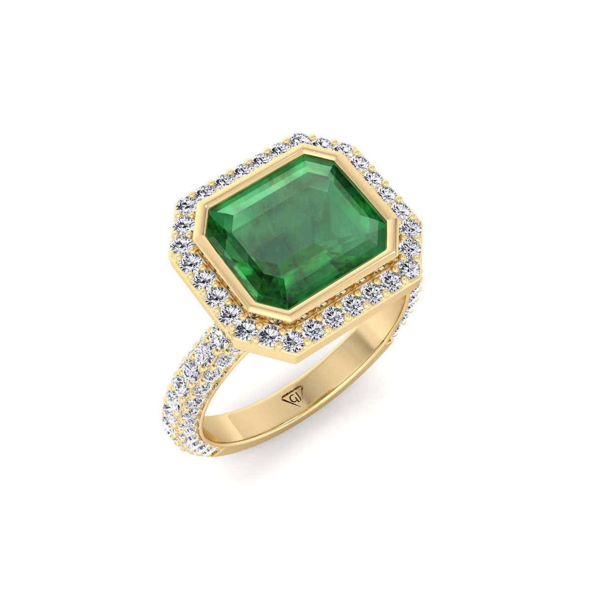 Natural Green Emerald Halo Engagement Ring With Pave Band YG