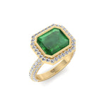 Natural Green Emerald Halo Engagement Ring With Pave Band YG