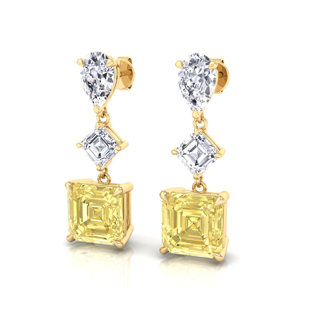 Pear & Asscher Cut Natural Diamond & Fancy Yellow Diamond Drop Earrings