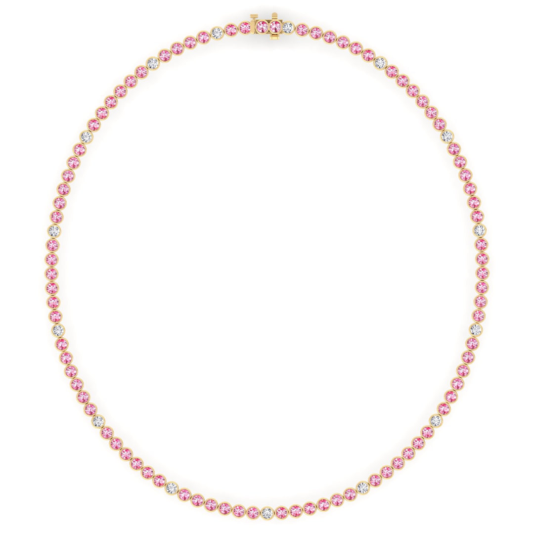 Bezel Set Natural Pink Sapphire Tennis Necklace with Diamonds
Yellow Gold 18K