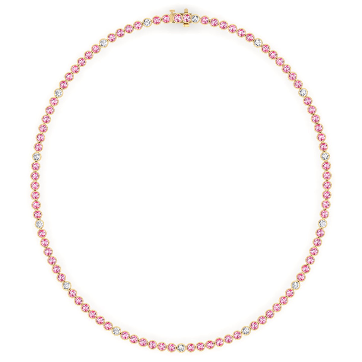 Bezel Set Natural Pink Sapphire Tennis Necklace with Diamonds
Yellow Gold 18K