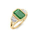 Bezel Set Natural Emerald Shape Green Emerald with Half Moon Diamond Sidestones Engagement Ring Yellow Gold 18K