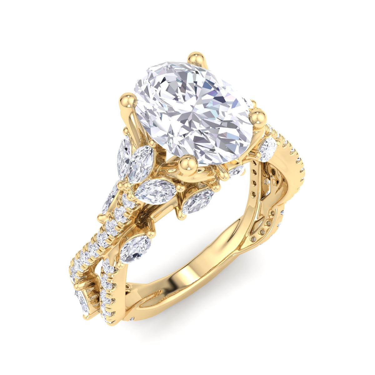 Fiorella - Oval Shape Diamond Engagement Ring with Marquise Shape Side stones and Twisted Pave Band - Gem Jewelers Co