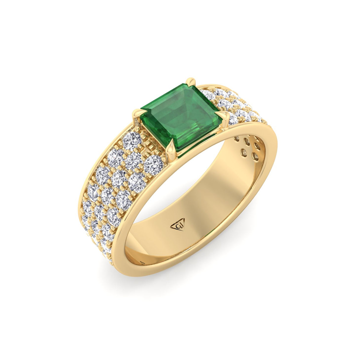 Natural Green Emerald Cushion Cut with Pave Eternity Band YG