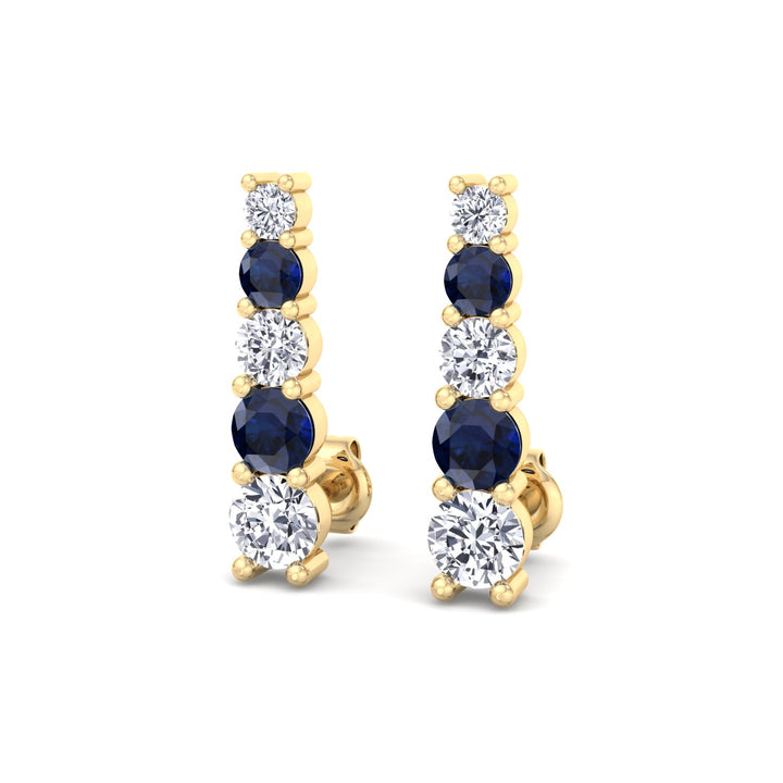 Graduated Natural Diamond and Blue Sapphire Climber Earrings-3CT-Yellow Gold