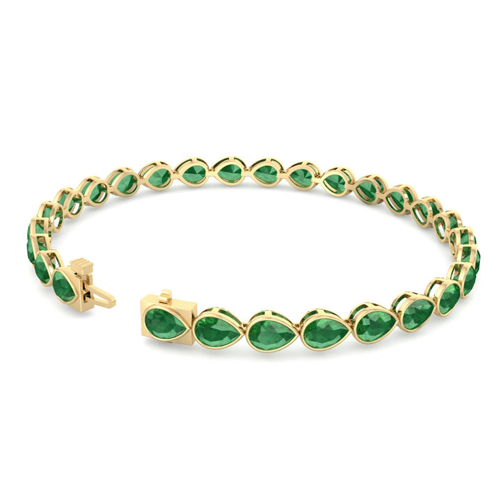 East West Pear Shape Natural Green Emerald Tennis Bracelet Yellow Gold 14K