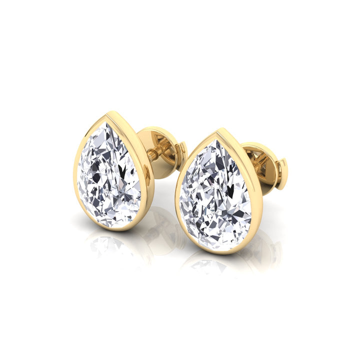 Bezel Set Pear Shape Natural Diamond Studs-14K-18K-Yellow Gold