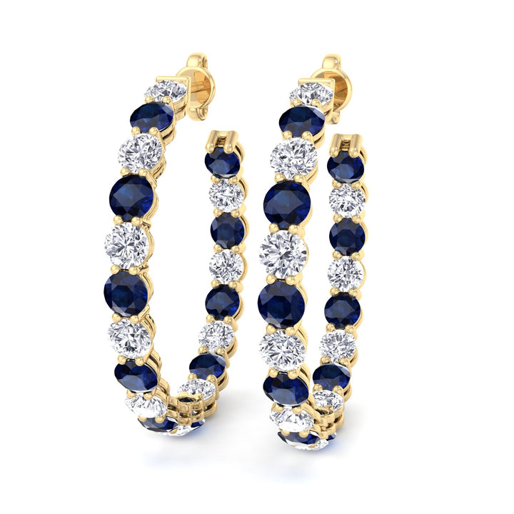 Alternating Natural Blue Sapphire and Diamond Inside Out Hoop Earrings Yellow Gold 18K